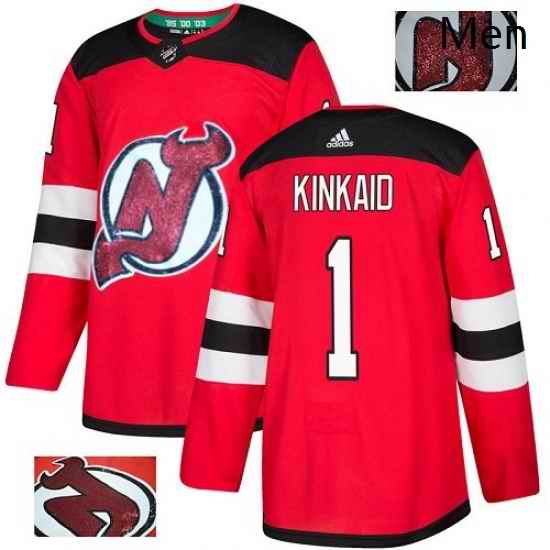 Mens Adidas New Jersey Devils 1 Keith Kinkaid Authentic Red Fashion Gold NHL Jersey